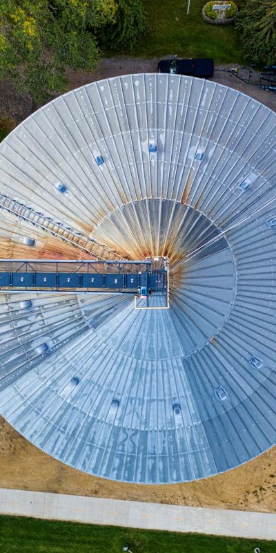 A bird's eye view of two large silos in an industrial area in Red Wing, Minnesota.